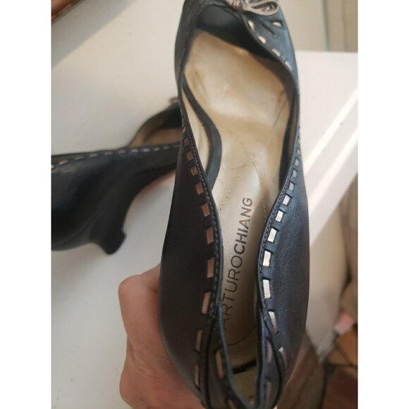 Arturo Chiang Shoes Wedges Womens Leather Navy Peep Toe 7.5 Kitten Heel - Picture 9 of 12